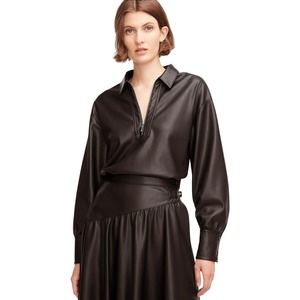 Rebecca Taylor 1/4 Zip Vegan Leather Pullover Top Brown Size S NWT